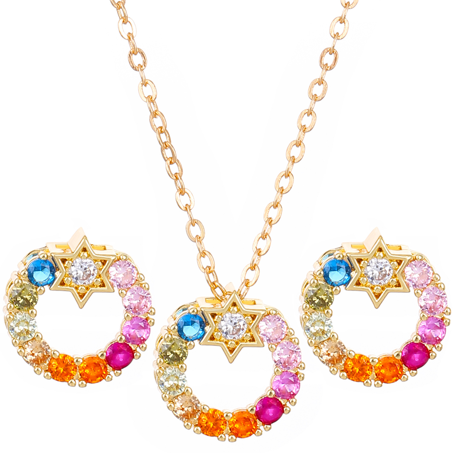 New cross-border copper inlaid colored diamond star jewelry set for women, InS-style European and American colored round necklace and earrings set Item Picture