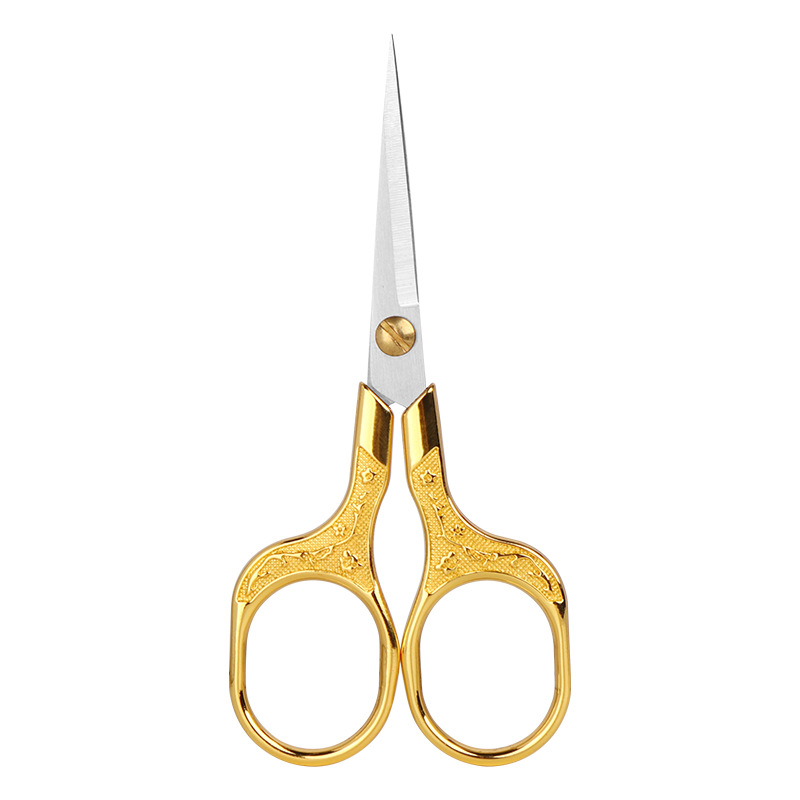 Plum blossom tea leaf scissors, golden alloy handle, hand-embroidered paper-cutting scissors, retro pattern embossed small scissors Item Picture