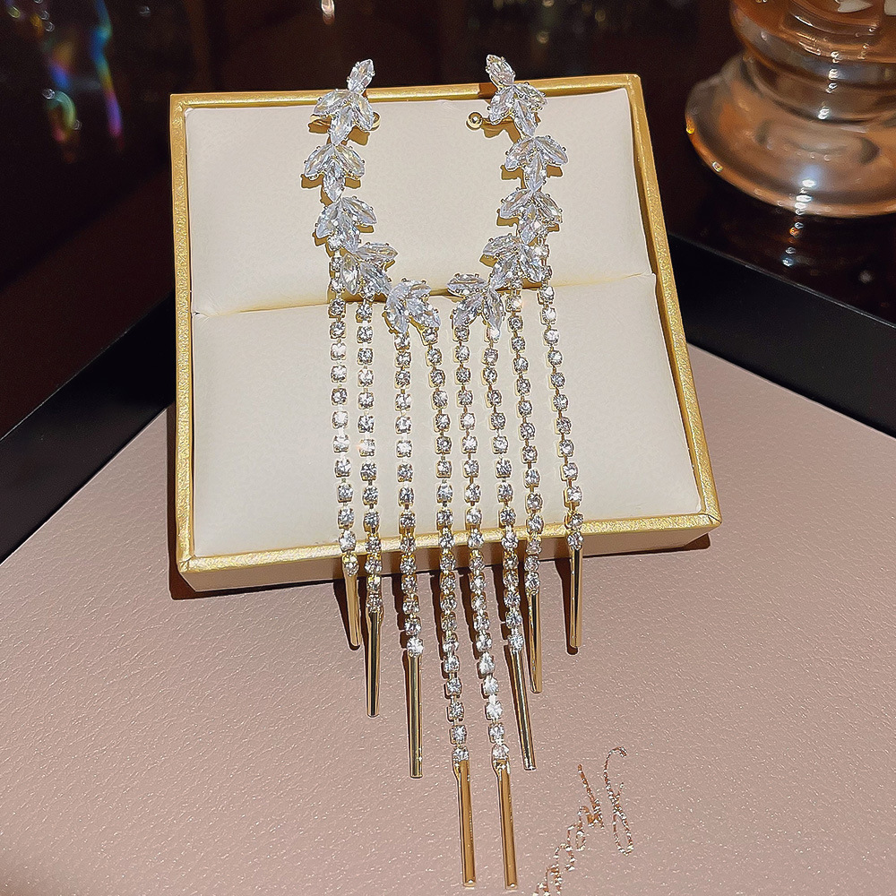 Niche design, personalized stud earrings, women's fashionable and elegant zircon tassel earrings, high-end and exaggerated earrings wholesale for autumn and winter full figure