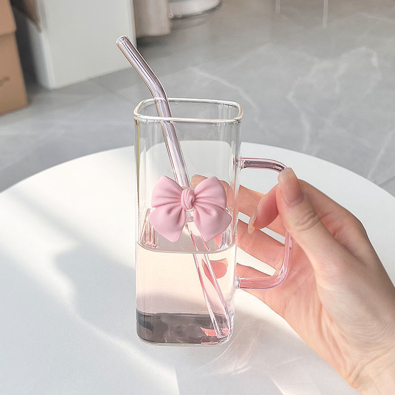 Square glass cup, cartoon household simple ins, high appearance level, straw water cup, women's high-temperature resistant flat bottom, colorful cup details Picture