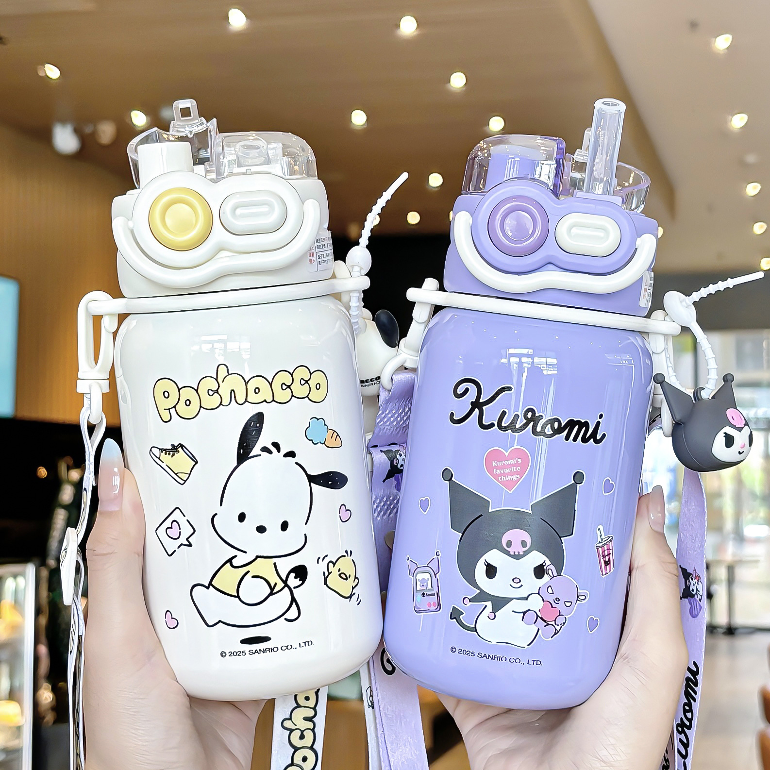Cute Sanrio Family series Wave double-drinking thermos cup, silicone spout adjustable cup body rope portable water cup details Picture