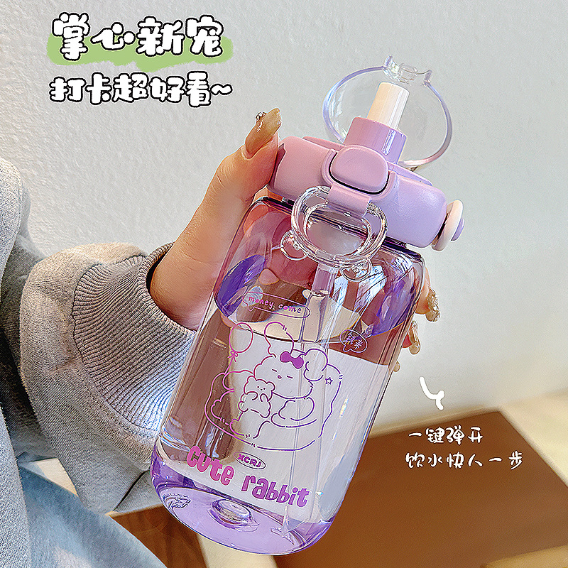 Cute girl plastic cup, cute cartoon student portable water bottle, outdoor anti-drop, high appearance level, double-drinking straw water cup details Picture