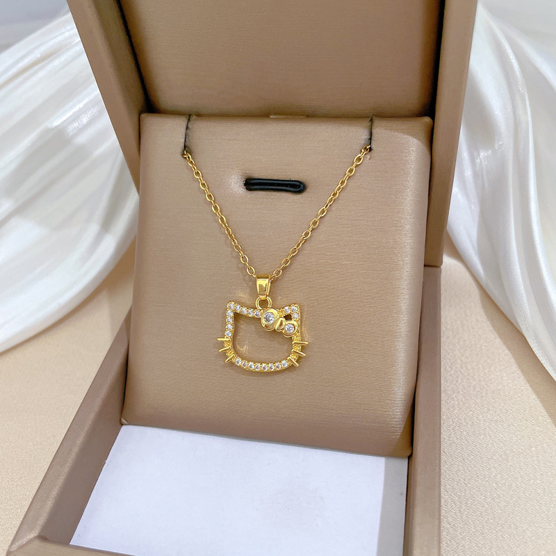 【 Titanium Steel 】 Bow cat, light luxury, elegant, full diamond necklace, versatile for women, collarbone chain, titanium steel chain Specification drawing