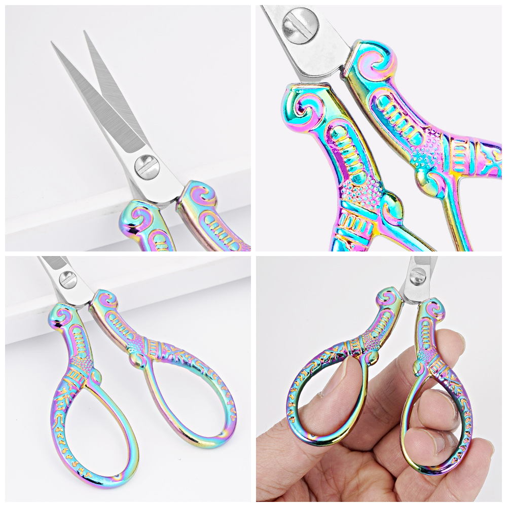 Retro exquisite pointed small scissors, stainless steel household scissors, window decorations, woolen thread embroidery scissors, hand scissors, student office scissors Specification drawing