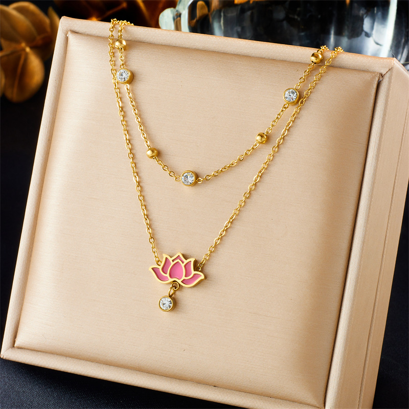 Korean version of a niche double-layer gold-plated and diamond-encrusted titanium steel chain oil-dripping lotus accessory necklace full figure