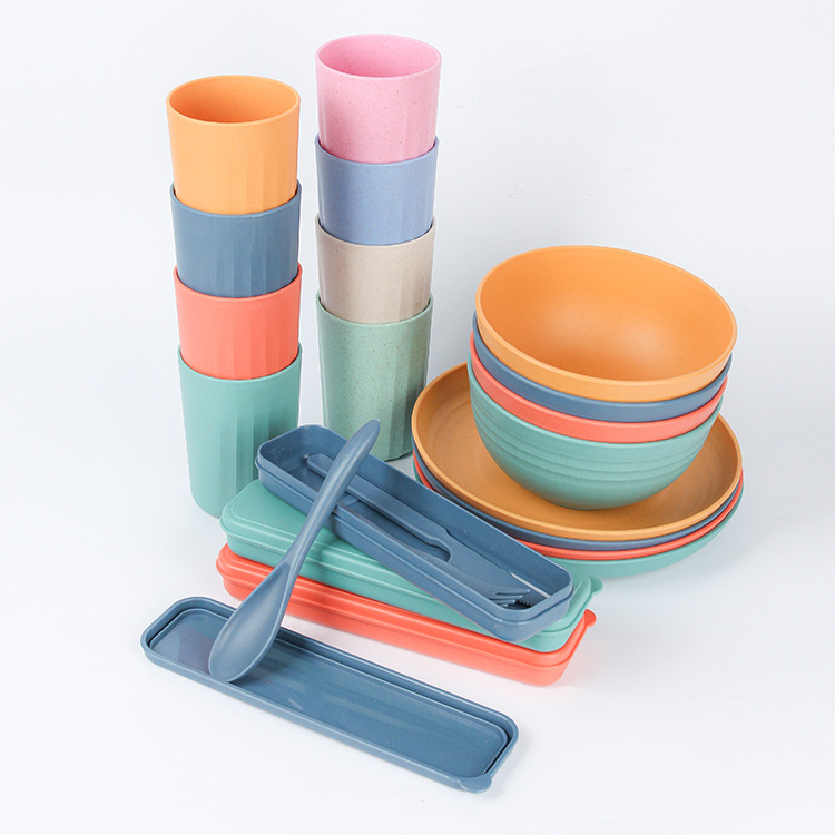 Creative wheat bellflower durable and heat-insulating bowl, plate and plate household tableware set, plastic portable knife, fork and spoon set details Picture