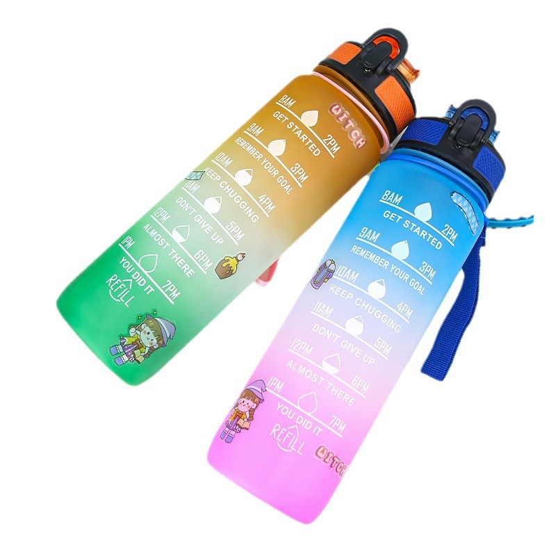 Wholesale of cross-border sports water bottles, plastic cups with scales, large-capacity bouncing LIDS, straw cups, PC gradient color space cups Item Picture