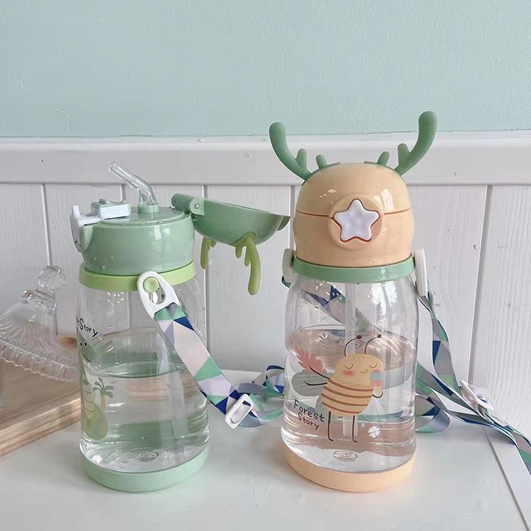 Children's antler plastic cup, student summer outdoor sports water cup, large-capacity straw cup, gift pp, portable Specification drawing