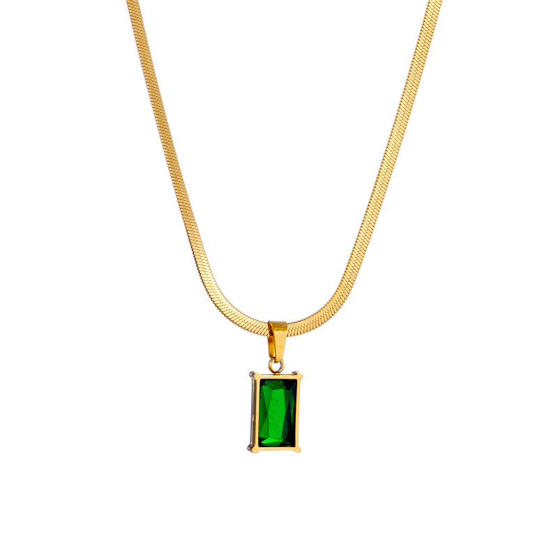 European and American ins minimalist green rectangular pendant titanium steel color-preserving flat snake bone gemstone high-end and versatile collarbone necklace Item Picture