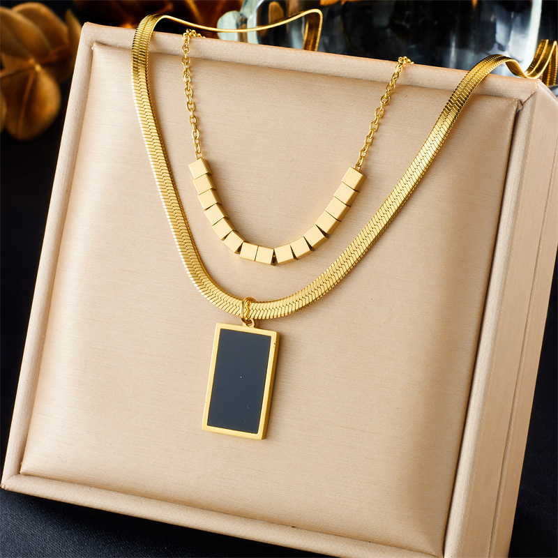 European and American cross-border retro fashion black square accessory pendant, double-layer stainless steel jewelry chain necklace full figure
