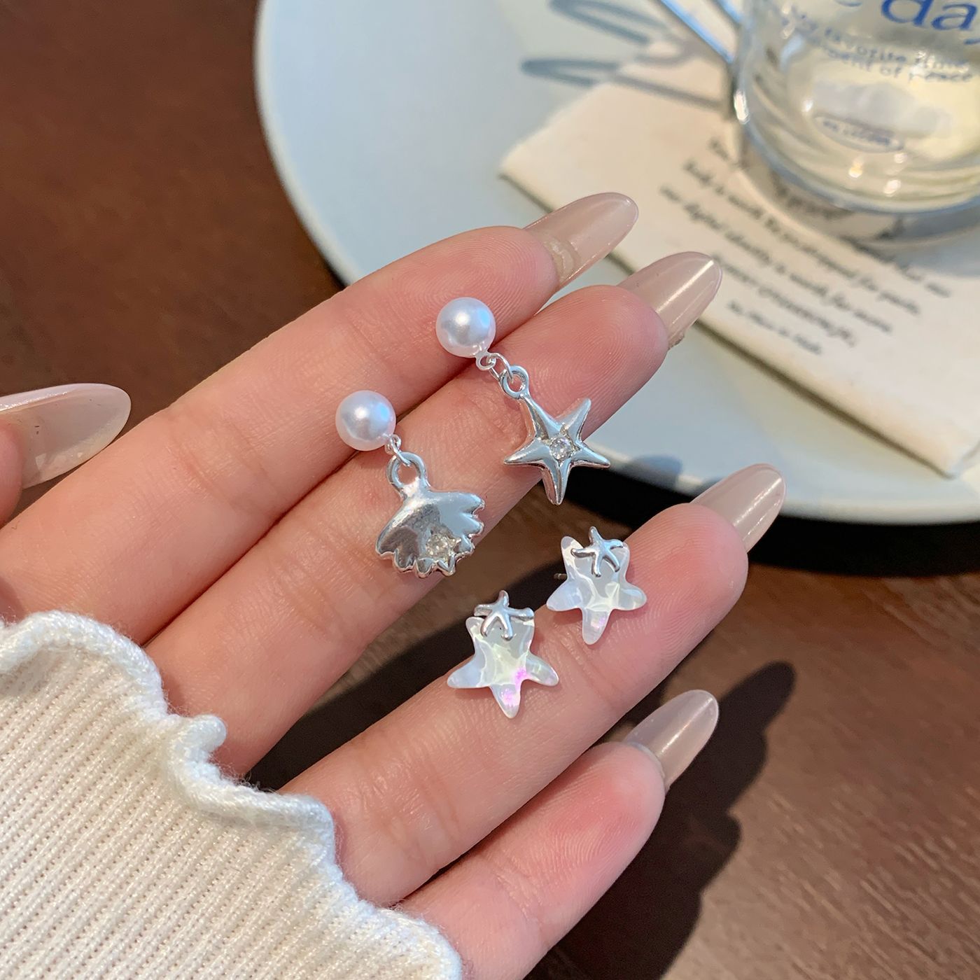 New ocean-themed gradient starfish shell earring set for women, silver needle, clear and fresh, shining and exquisite earrings details Picture