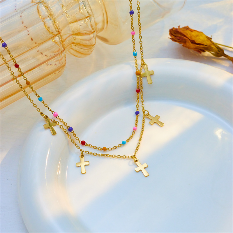 European and American fashion, creativity, individuality, versatility, ethnic style mixed color rice bead chain cross titanium steel pendant jewelry set details Picture