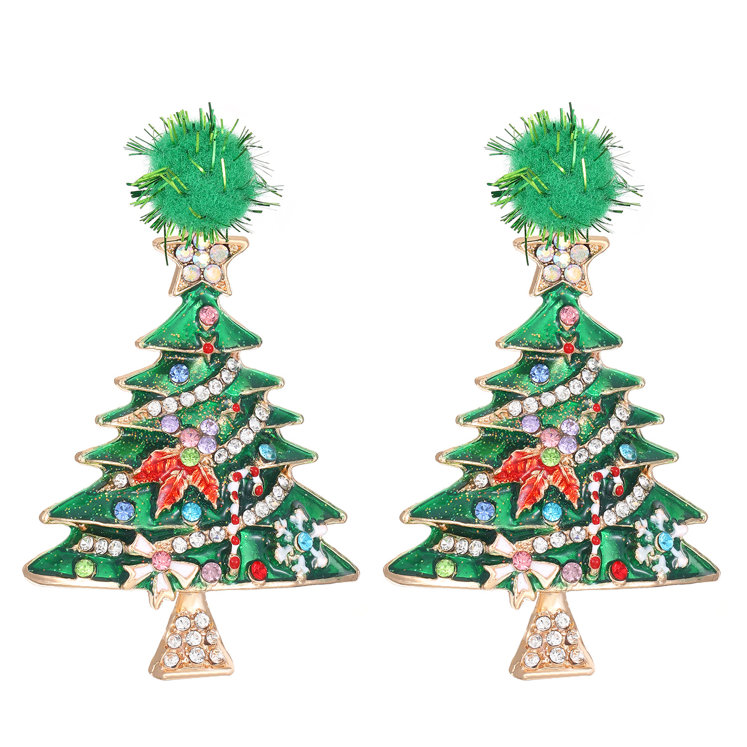 Wholesale of European and American cross-border Christmas ornaments, including colored diamond alloy oil-drip Christmas tree stud earrings and fashionable and elegant women's earrings Item Picture