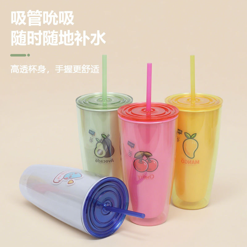Factory direct sales of hot-selling straw cups, portable large-mouth easy-to-clean drinking cups, cartoon fruit pattern double-layer cups Application Scenario