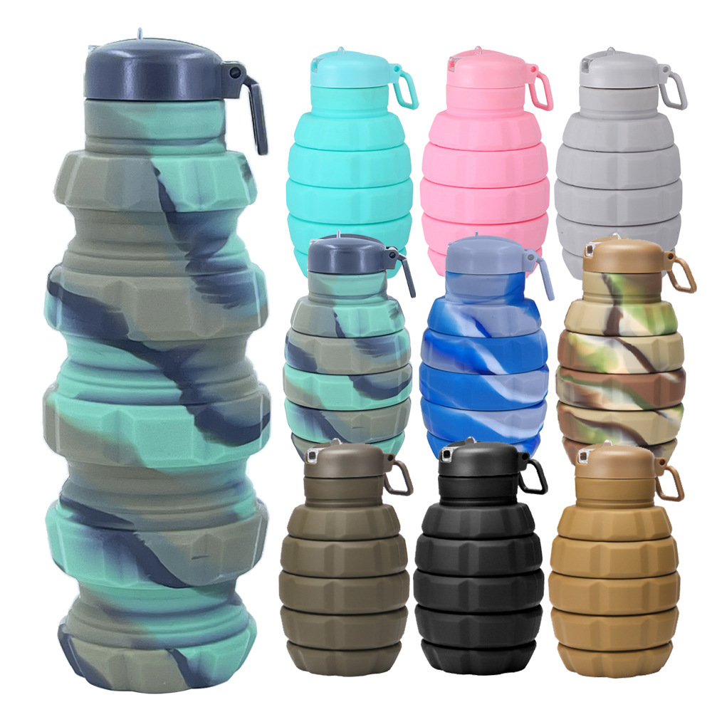Cross-border grenade camouflage water bottle, portable silicone foldable sports cup, 500ml grenade sports water bottle