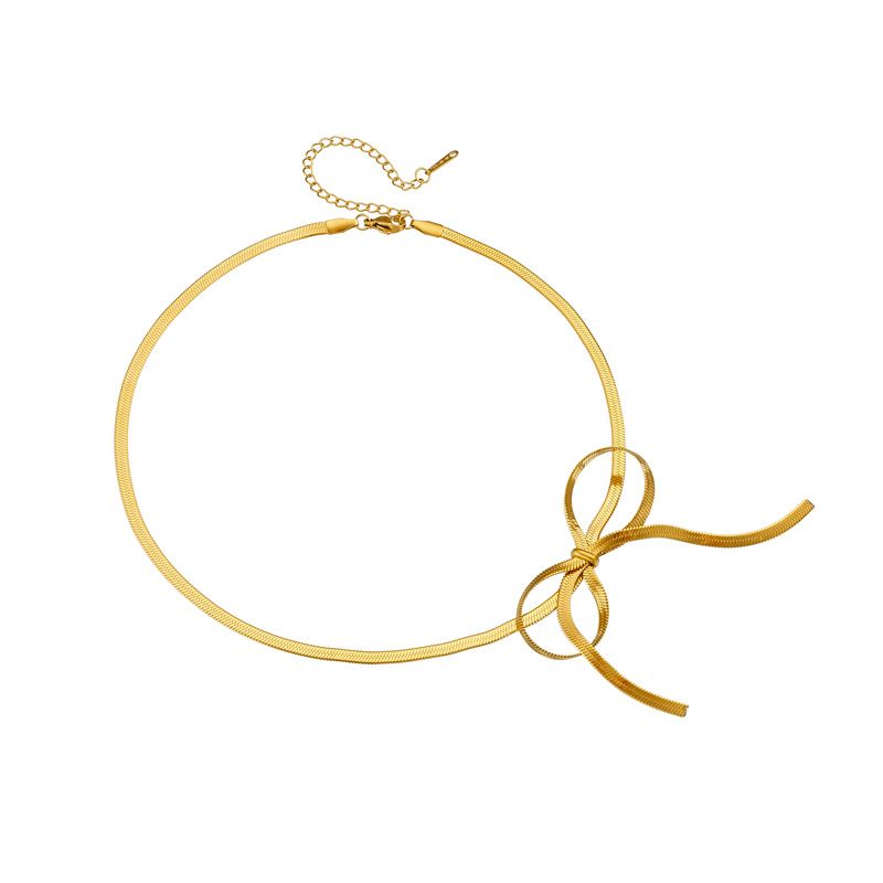 Korean-style fashionable and elegant simple gold-plated stainless steel bow snake bone chain jewelry necklace Item Picture