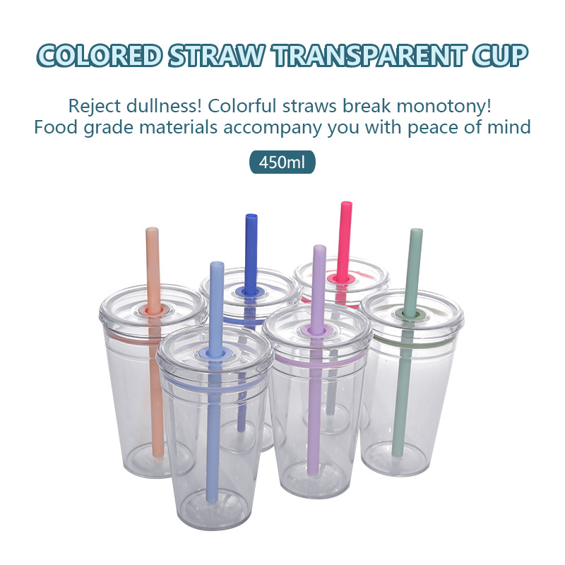 Cross-border manufacturer direct supply summer new model 450ml milk tea cup, straw cup, single-layer candy multi-color plastic water cup details Picture