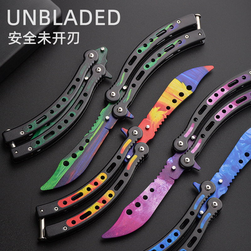Butterfly Knife, all-steel folding knife, novice practice outdoor knife, unedged swing hand csgo peripheral fancy game knife details Picture