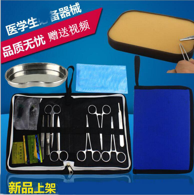 Medical students practice surgical debridement and suturing. Surgical instruments include skin modules, suturing needles, thread cutters, and needle holders full figure