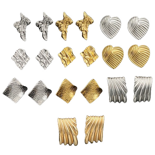 Titanium steel pleated geometric earrings, new cross-border women's irregular round square heart-shaped stud earrings, vintage earrings trend Item Picture
