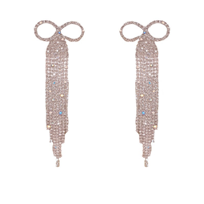 The 2025 new trendy Korean full-diamond bow long tassel earrings are a high-end and stylish light luxury accessory for female Internet celebrities Item Picture