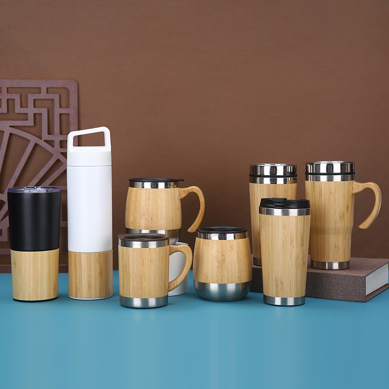 Foreign trade creative bamboo shell cup, double-layer vacuum insulated cup, office water cup, portable handle, portable bamboo joint cup, egg cup details Picture