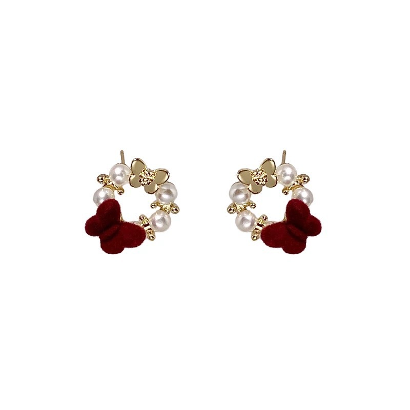 Red Christmas earrings for women, new autumn and winter 2024, tassel bow stud earrings, elegant and high-end style Item Picture