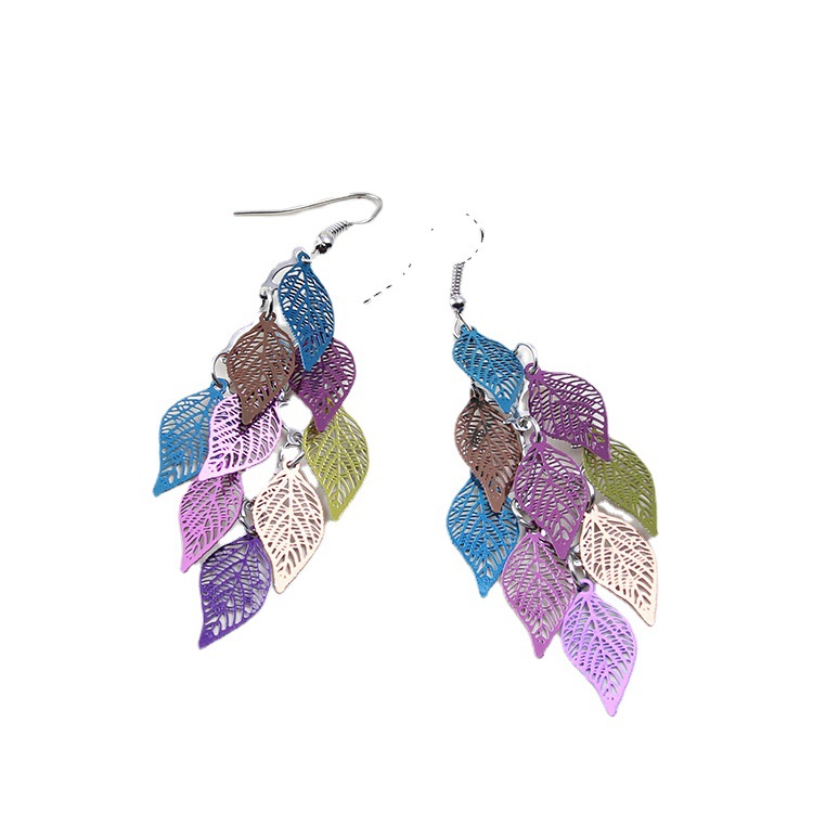 Japanese and Korean forest-themed cold style earrings for women's summer, fresh, simple and fashionable, colorful hollowed-out leaf ear hook earrings Item Picture