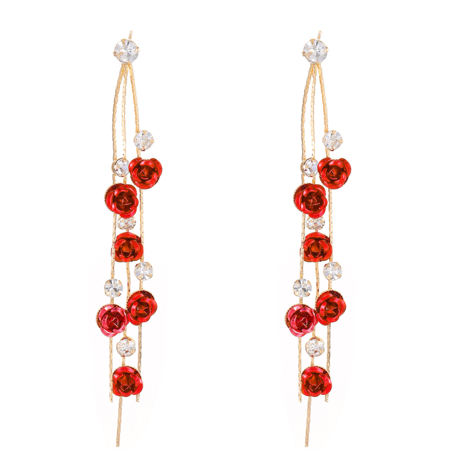Rose flower earrings, French light luxury long rhinestone tassel flower earrings for women, European and American style trendy earrings Item Picture