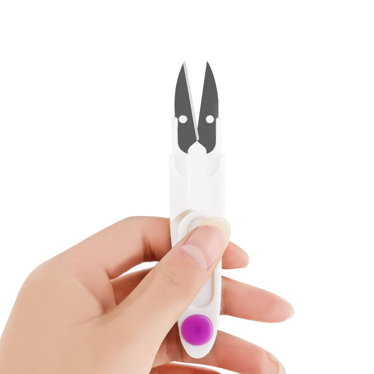 Wholesale of cross-stitch small scissors, transparent cover thread end scissors, safety sewing scissors, household U-shaped plastic spring yarn scissors Item Picture