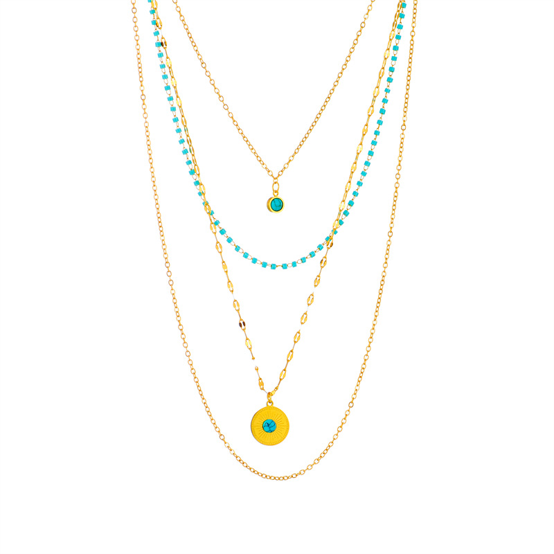 European and American cross-border niche design creative and personalized multi-layer irregular titanium steel round plate turquoise pendant chain necklace Item Picture