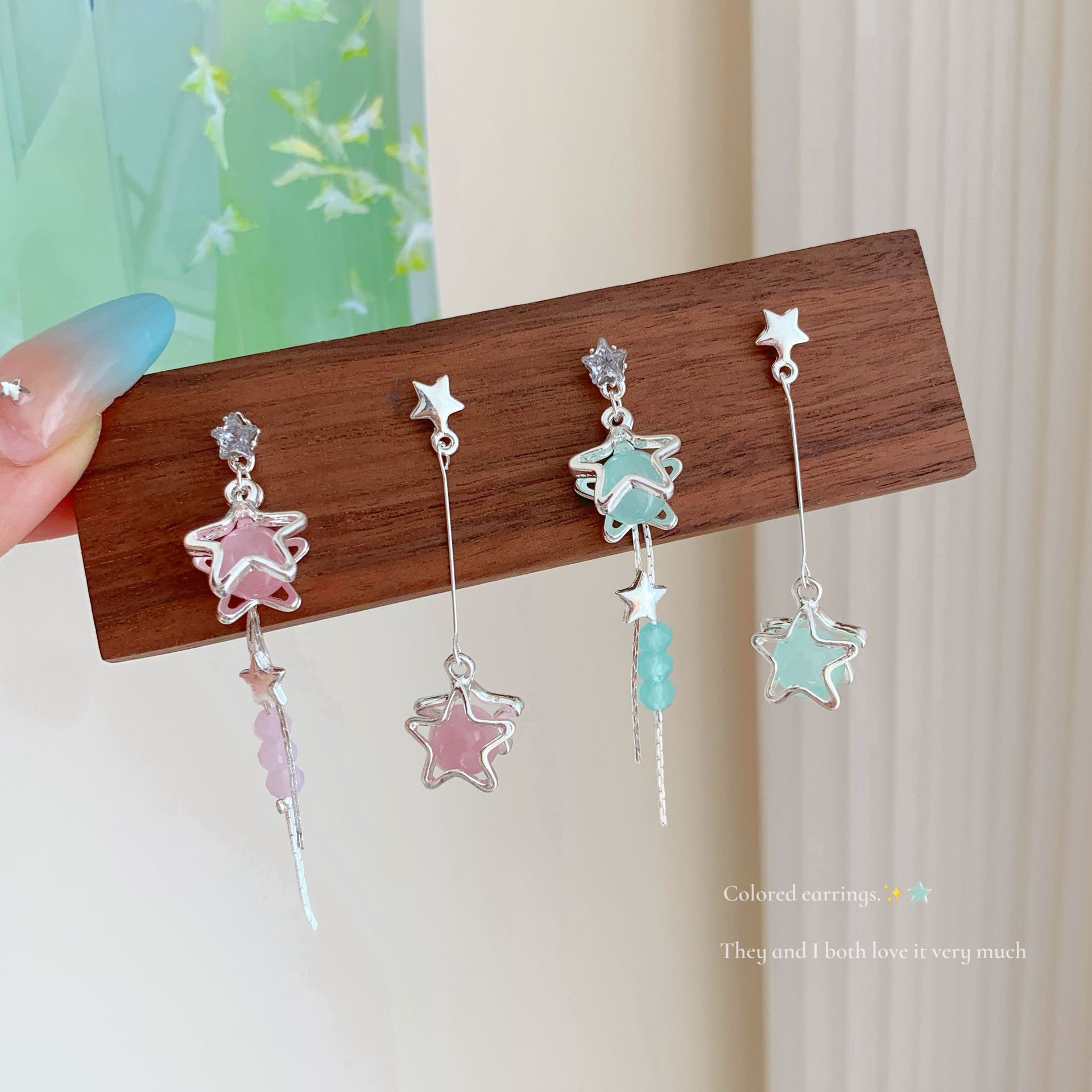 Super fairy pink blue star bead handcrafted beaded earrings for women, long tassel silver needle gentle cream sweet earrings full figure