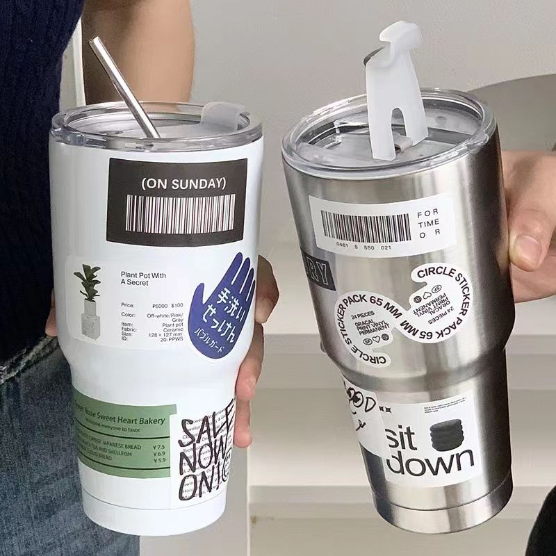 304 stainless steel ice cup, large-capacity office drinking water, coffee, milk tea, cold and heat preservation straw cup, car cup full figure