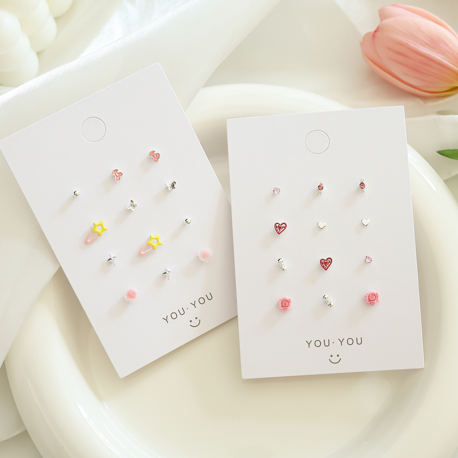 Early spring pink small and exquisite silver stud set, versatile, simple daily student earrings, personalized earrings for women wholesale Specification drawing
