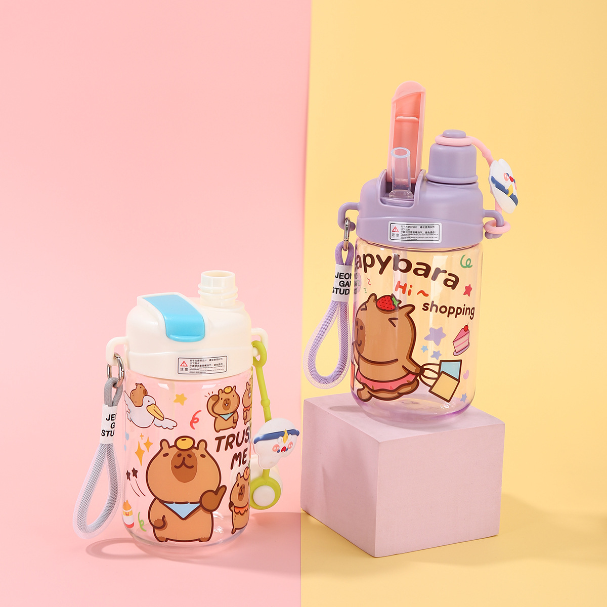 The new Capibara cartoon plastic cup large-capacity leak-proof children's water bottle comes with a drawstring straw cup for wholesale Specification drawing
