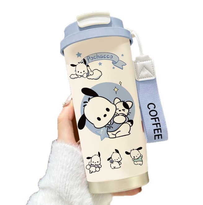 Sanrio high-appearure-level stainless steel insulated cup, cartoon straw coffee cup, large-capacity dual-drinking portable car water cup Item Picture