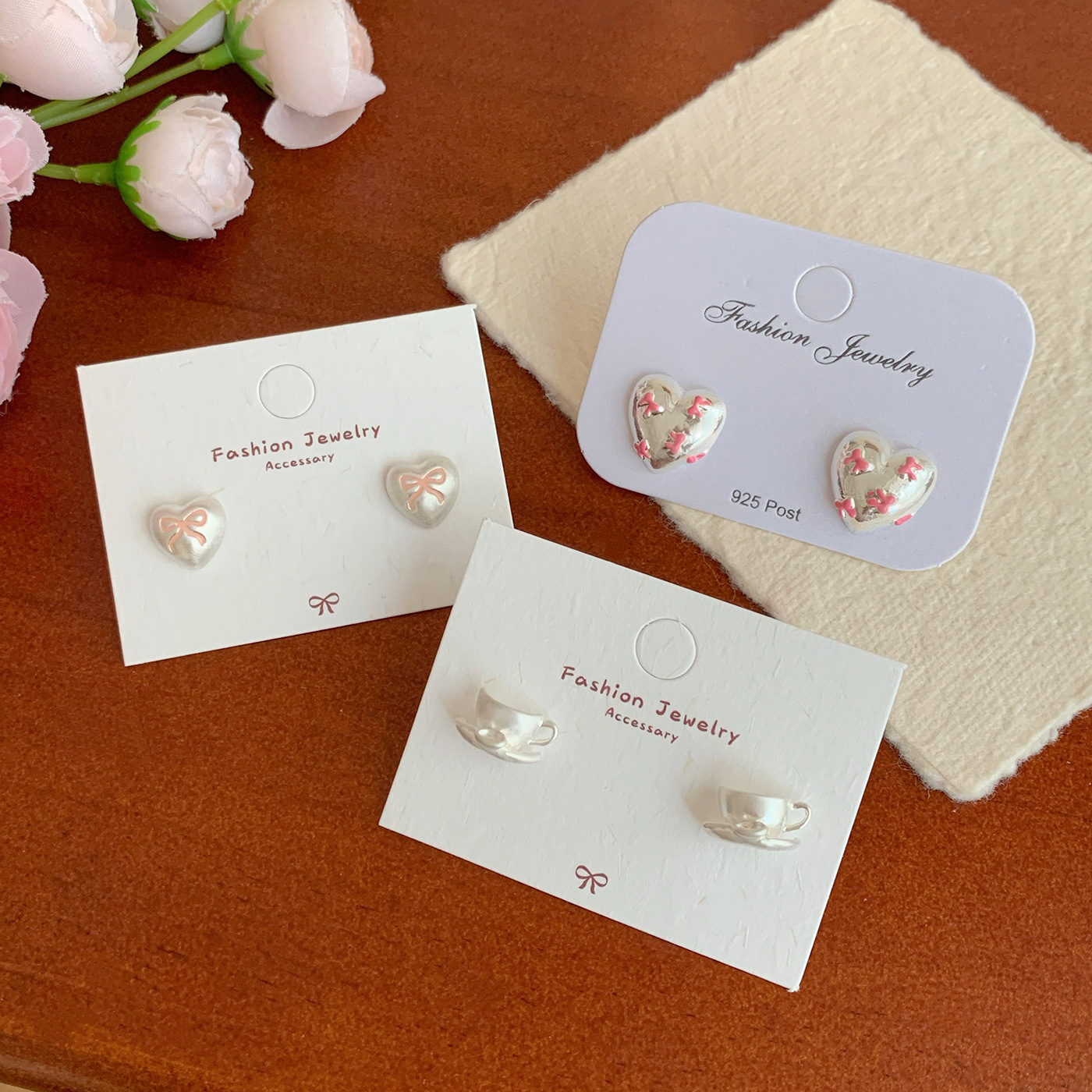 Summer Asian Silver Fun Coffee Cup stud earrings, women's silver needle oil drip pink bow heart exquisite and versatile earrings full figure