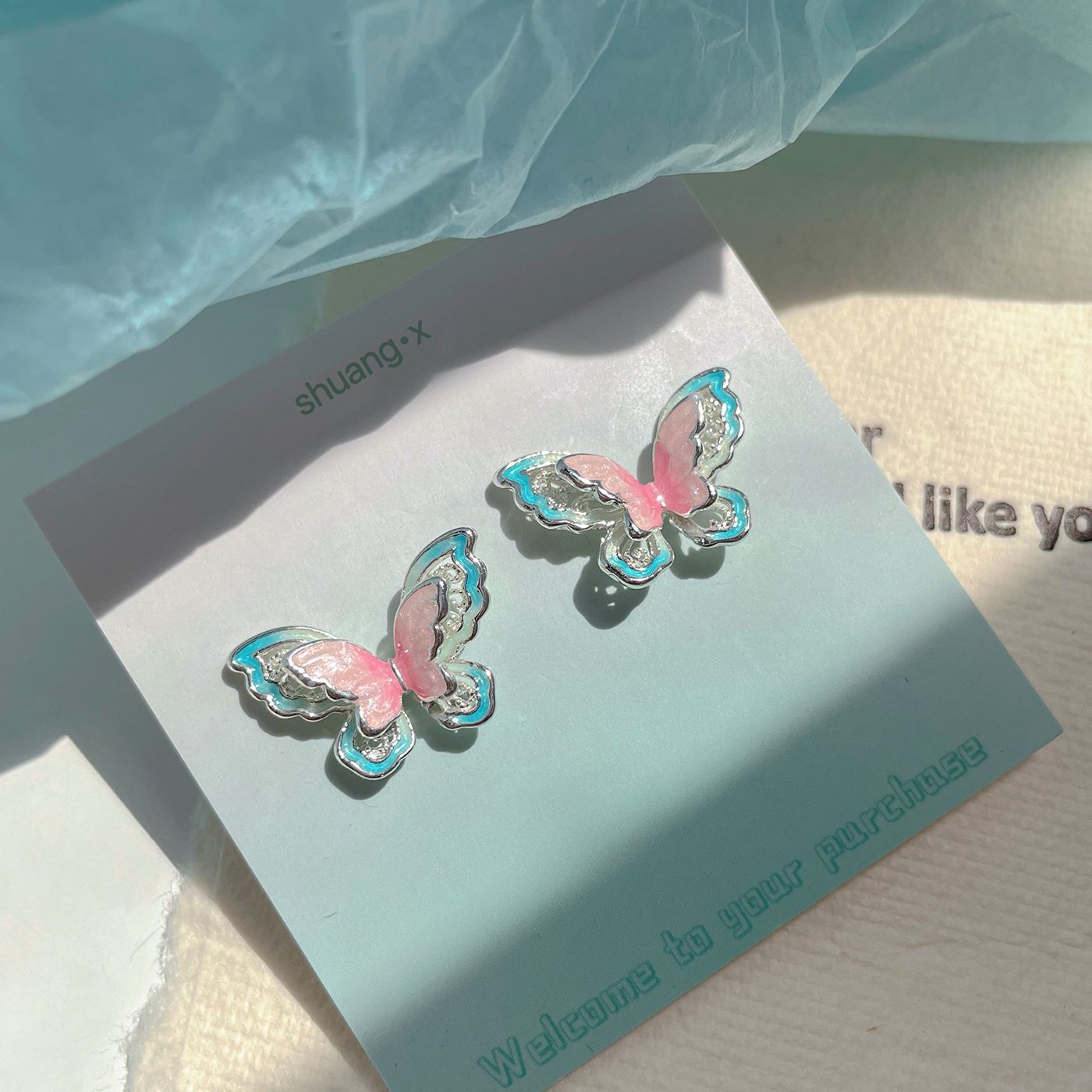 Zhuang Zhou Dream Butterfly Sweet Oil-dripping three-dimensional Hollow butterfly Stud Earrings for Women, 925 silver needle, niche and high-end summer earrings full figure