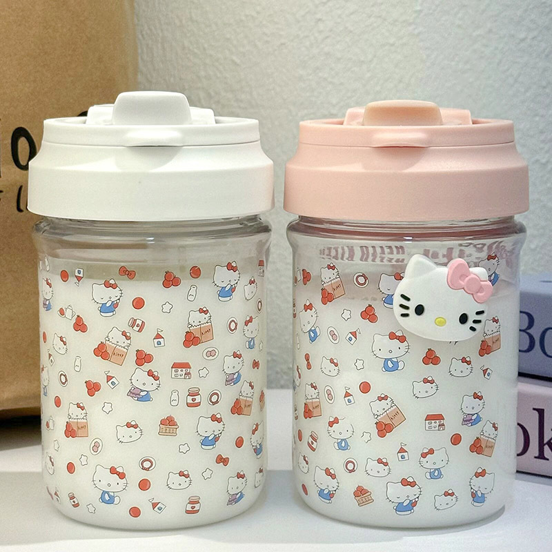 New kt cat cute sticker straw cup for girls on Instagram, portable double-drinking cup for girls, plastic cup, heat-resistant full figure