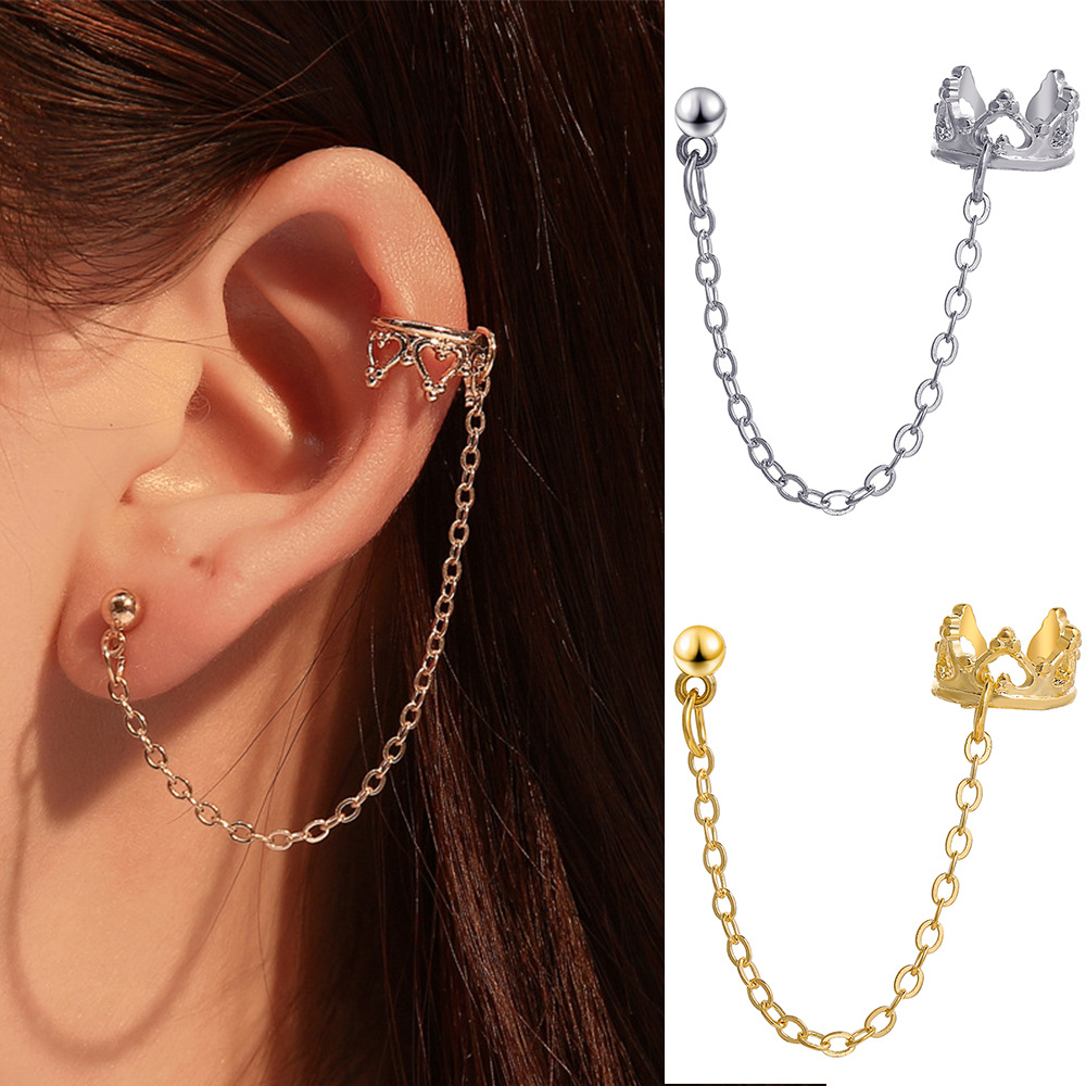 European and American long earless earrings, crown U-shaped ear clips, hollowed-out heart, retro stud earrings, non-mainstream earrings wholesale full figure