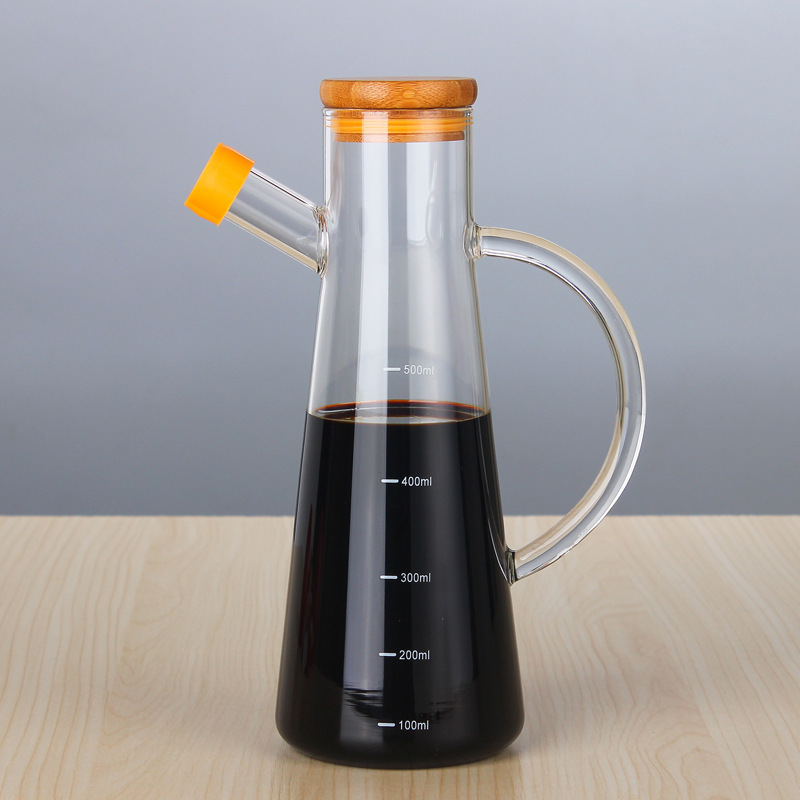 High borosilicate glass oil pot, soy sauce and vinegar bottle, kitchenware, 500ML large capacity, graduated bamboo cap soy sauce and vinegar bottle Specification drawing