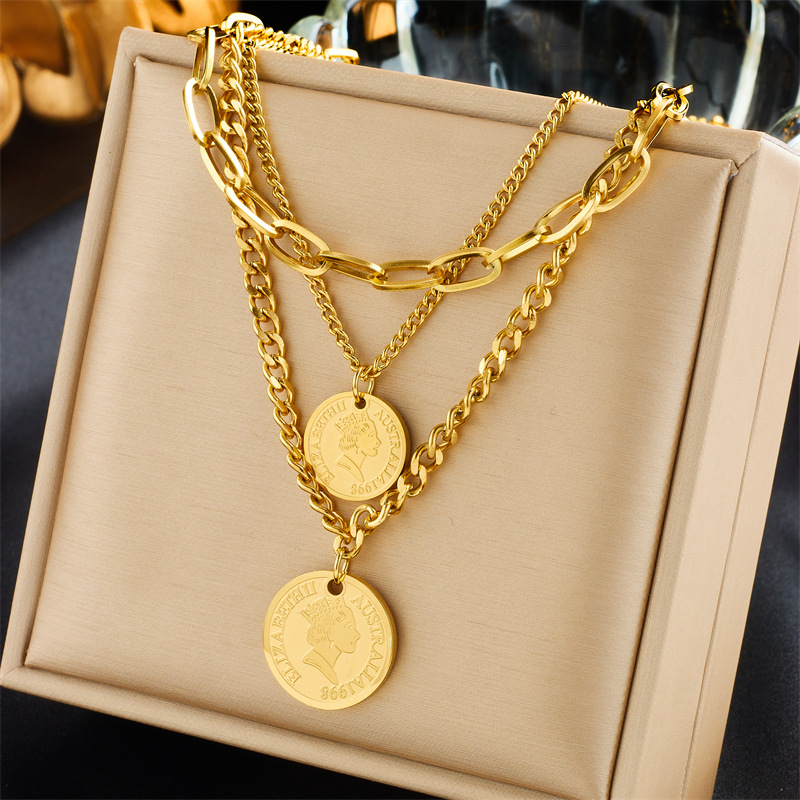 European and American fashion, creative and personalized multi-layer chain metal coin round pendant titanium steel necklace full figure