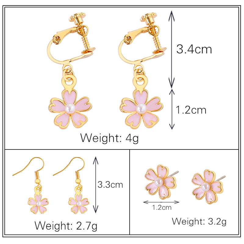 Japanese and Korean fresh and light pink flower pearl stud earrings, Korean version of five-leaf flower earrings without ear holes Item Picture