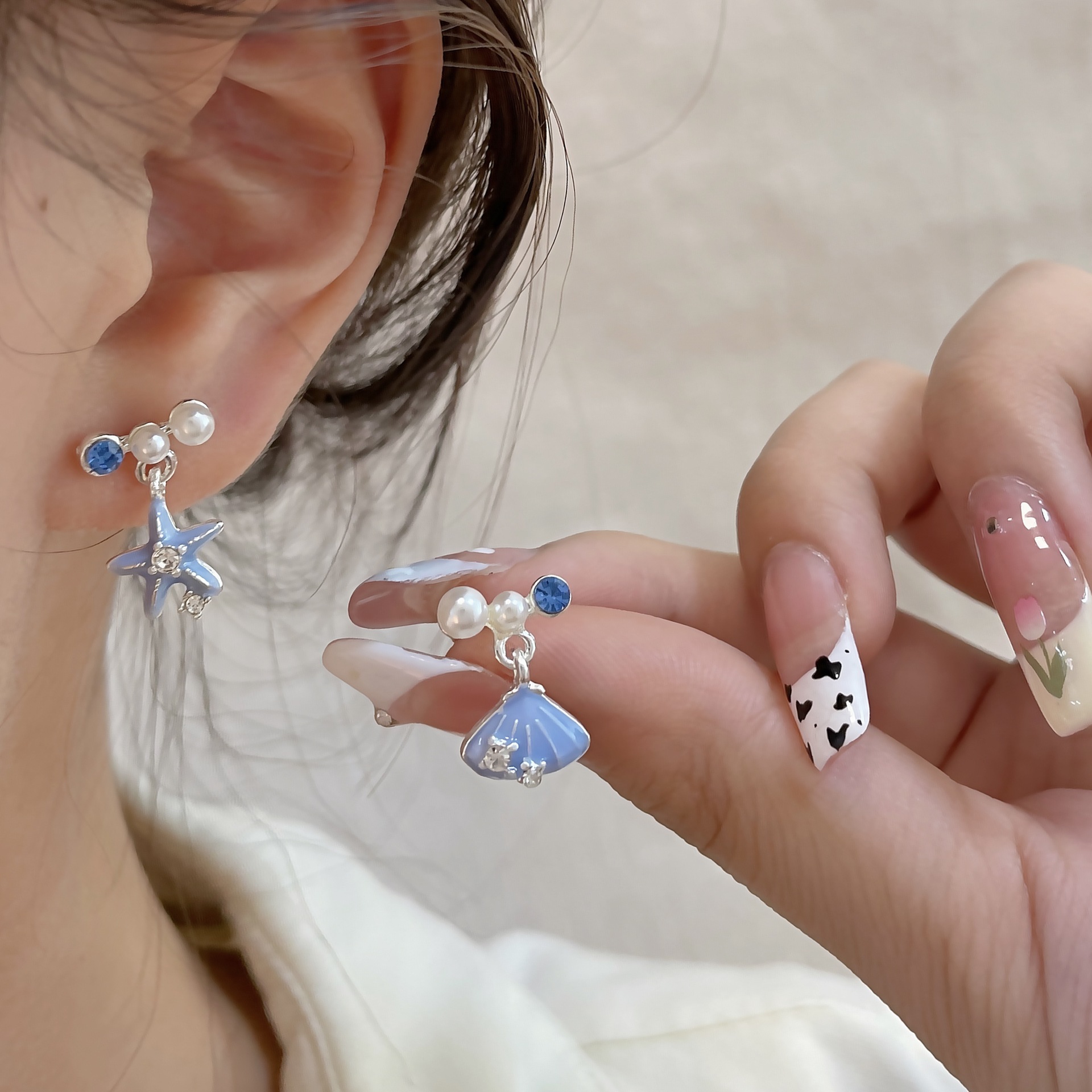 Blue ocean shell starfish stud women's silver needle vacation style summer new niche design exquisite earrings Specification drawing