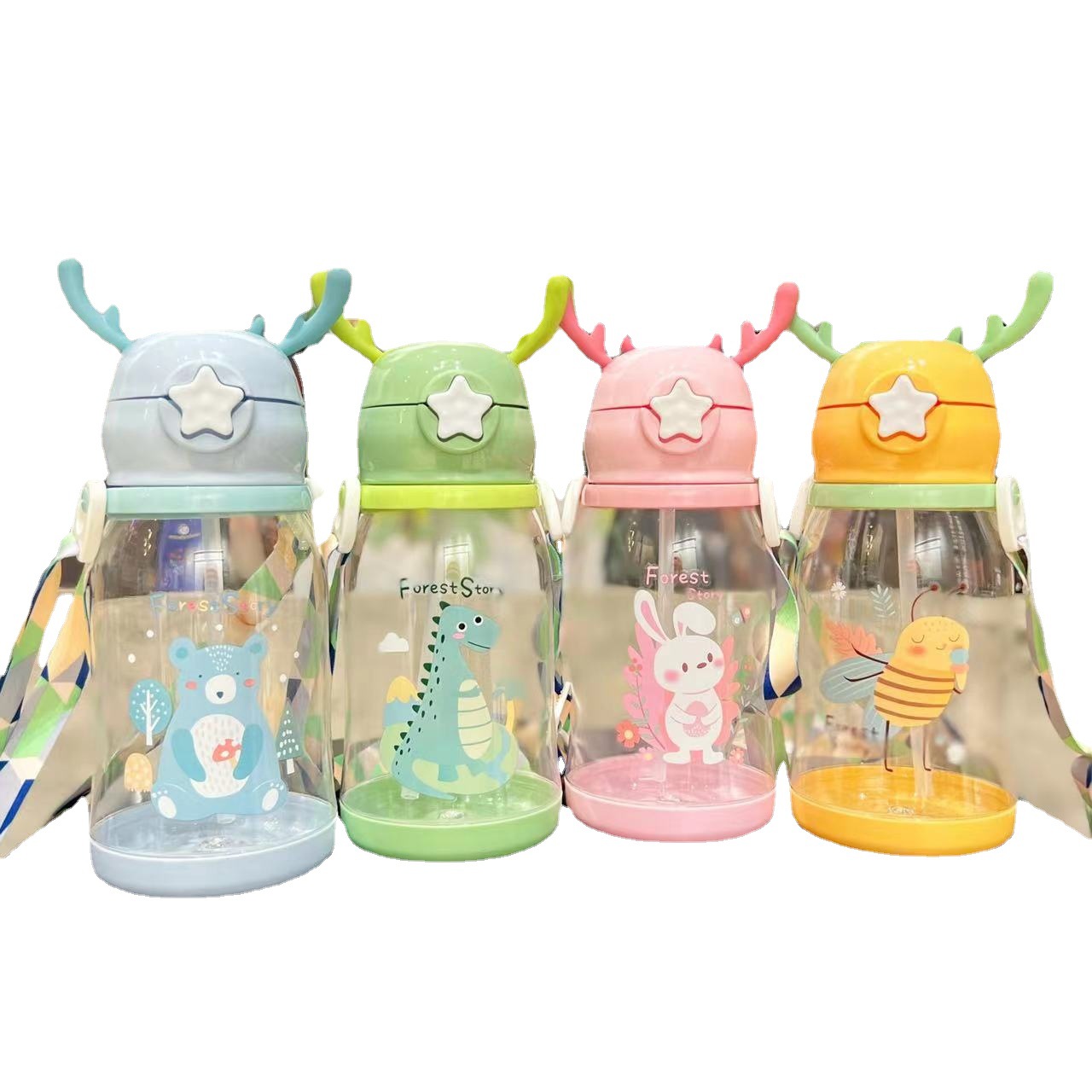Children's antler plastic cup, student summer outdoor sports water cup, large-capacity straw cup, gift pp, portable Item Picture