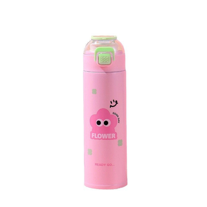 Cartoon stainless steel children's insulated cup, high appearance level, cute cartoon double-drinking straw cup, portable hand-held bouncing cup Item Picture
