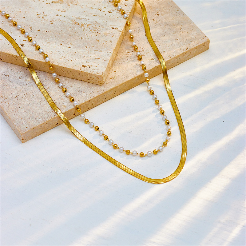 European and American cross-border creative and personalized irregular metal beaded chain titanium steel flat snake chain high-end double-layer necklace Specification drawing