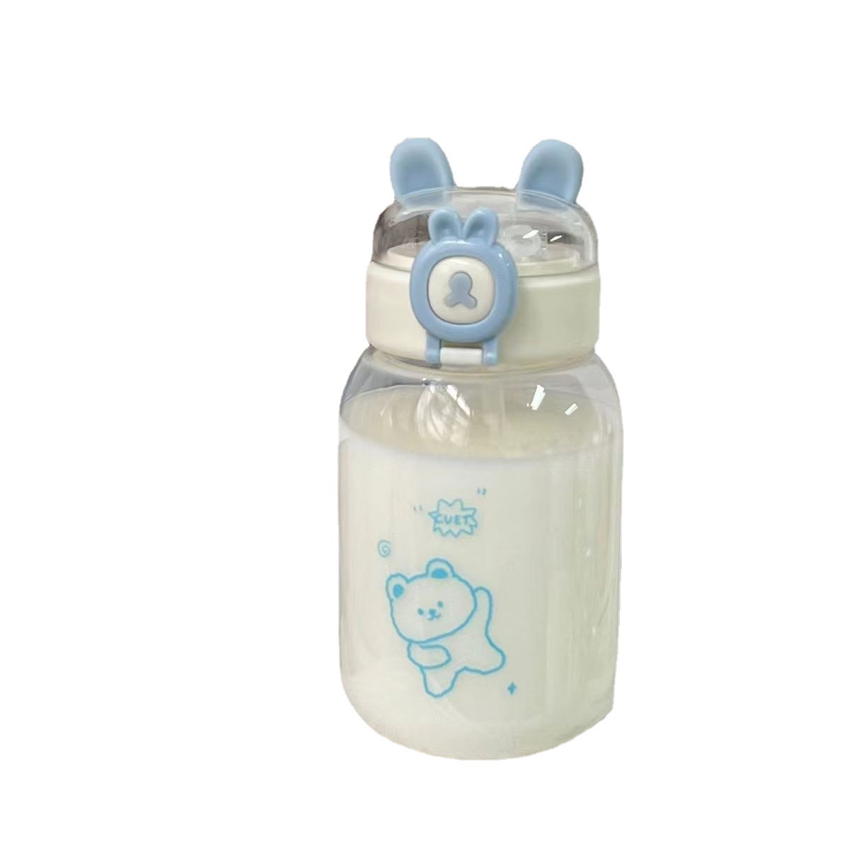 Cute bear head lid, rabbit milk, plastic cup, large-capacity portable, girlish straw cup, anti-drop cartoon water cup Item Picture