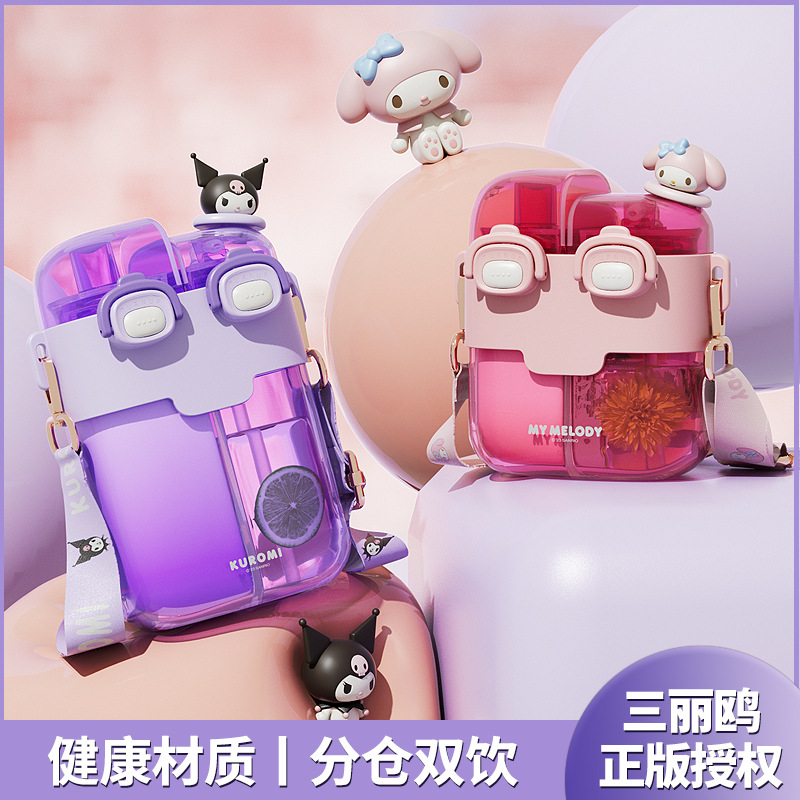 Genuine Sanrio authorized plastic cup, high appearance level, large-capacity separate compartment water cup, convenient pop-up lid double-drinking cup details Picture