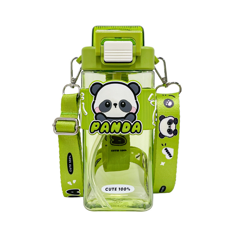 Panda Simple double-drinking Plastic Cup, portable square Cup, Large capacity cartoon children's water bottle, lock buckle pop-up lid straw cup Item Picture